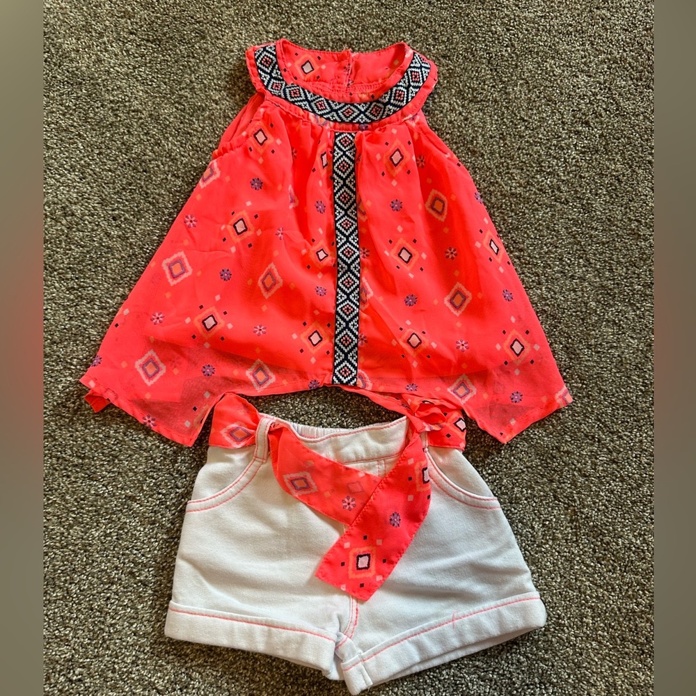 Coral Geometric Top and White Shorts Set
